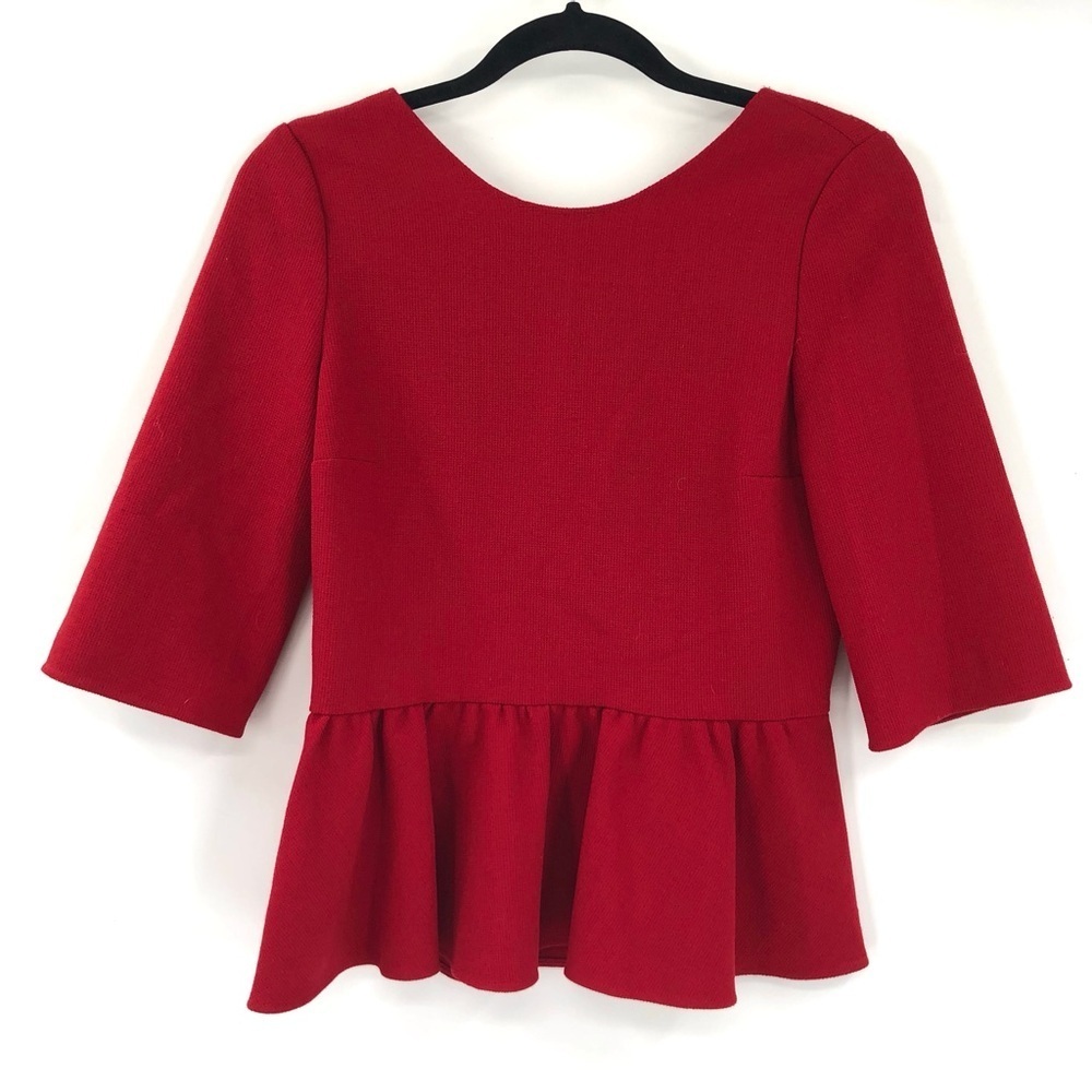BA&SH Triumph Top Peplum Red Wool Blend Half Sleeve 60s Rockabilly Pinup Open Bk